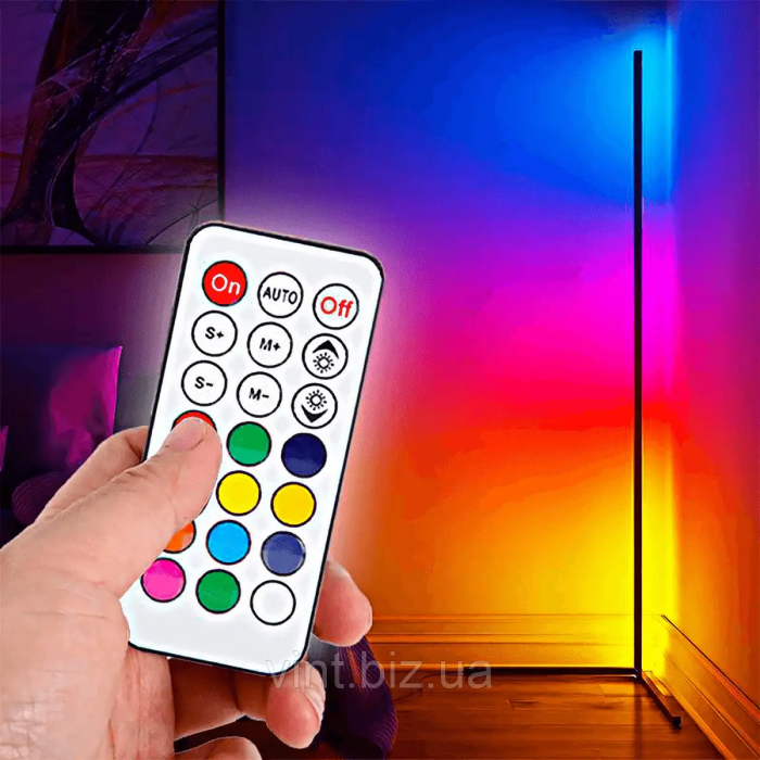 Lampă de podea RGB pentru colț, pe suport, 1,2 m, controlată prin telefon și telecomandă