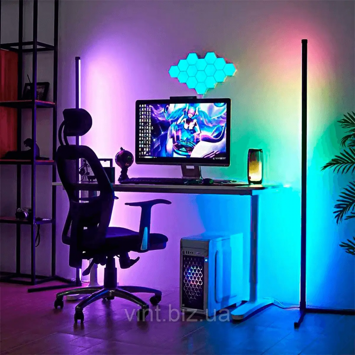 Lampă de podea RGB pentru colț, pe suport, 1,2 m, controlată prin telefon și telecomandă