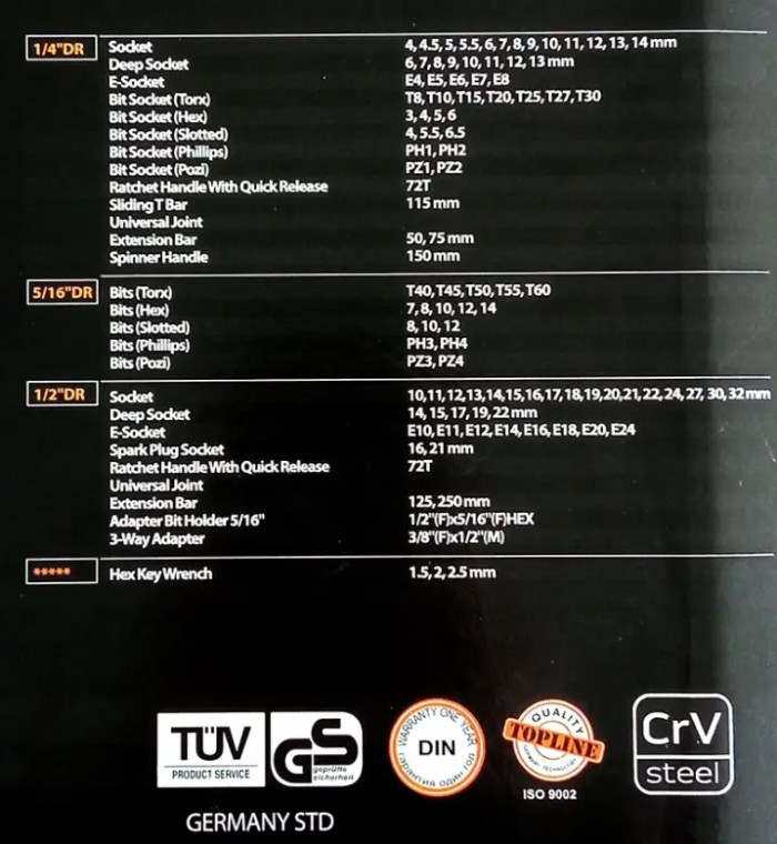 Set de scule în valiză cu 108 piese (șurubelnițe, chei cu clichet, capete tubulare, imbusuri)