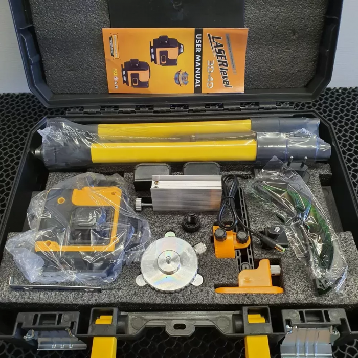 Nivelă laser cu acumulator (4D, 16 raze), 2 acumulatori