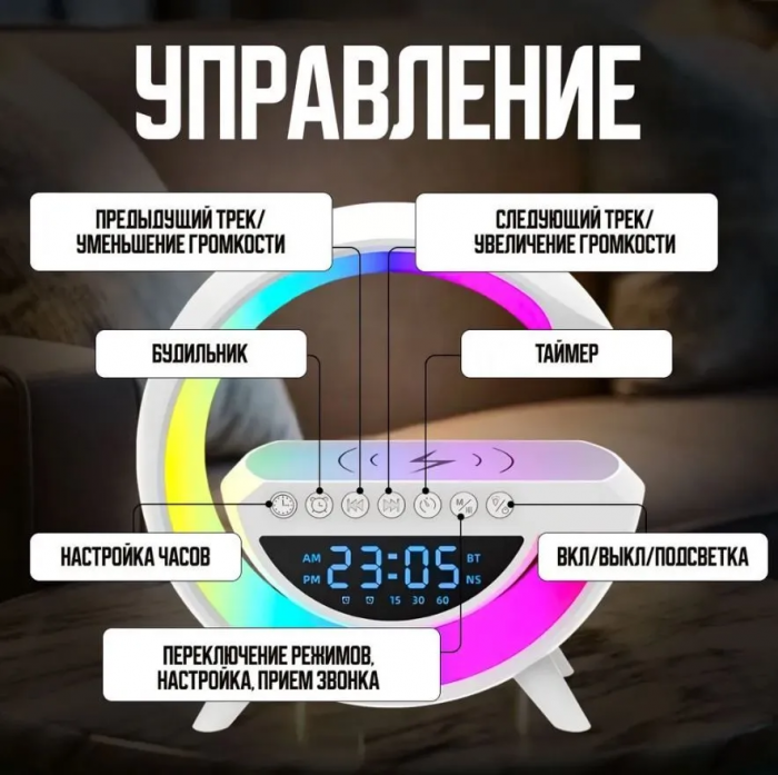 Boxă-lumină de veghe 3 în 1: ceas, muzică, încărcare wireless