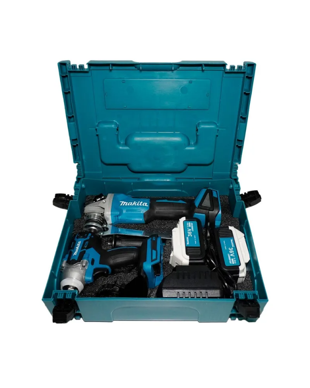 Set de scule cu acumulator: polizor unghiular (ȘM) + șurubelniță, cu acumulatori interschimbabili, în geantă