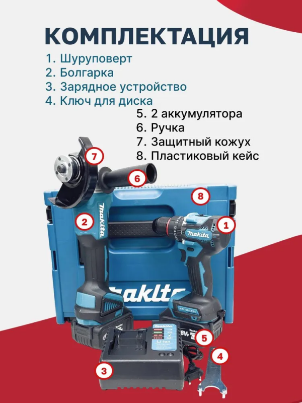 Set de scule cu acumulator: polizor unghiular (ȘM) + șurubelniță, cu acumulatori interschimbabili, în geantă