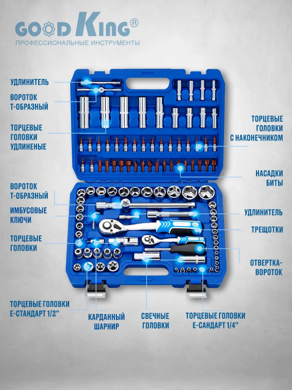 Set de scule în valiză cu 108 piese (șurubelnițe, chei cu clichet, capete tubulare, imbusuri)
